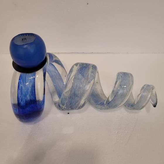 Image 1 of Pair of blue spiral candlesticks, glass, 80's - France