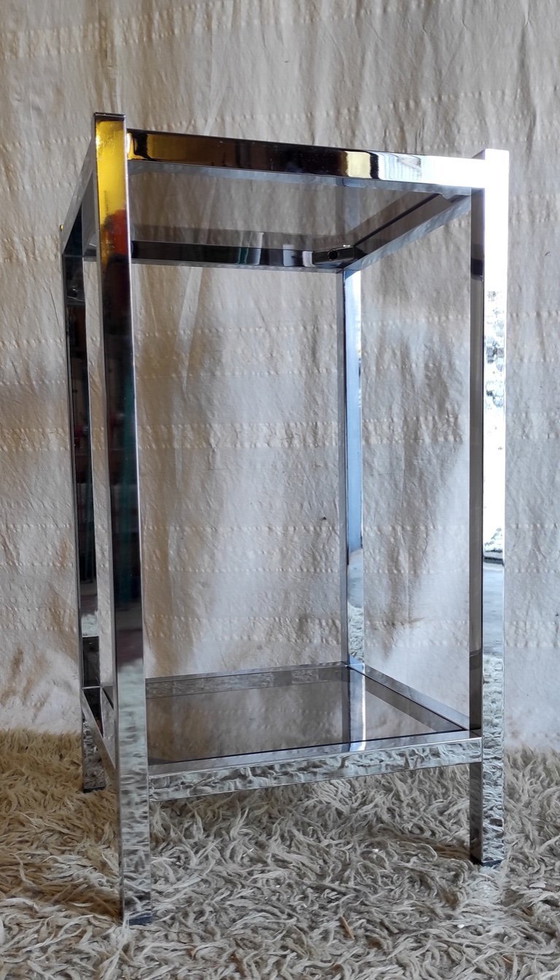 Image 1 of Table D'appoint En Métal Chromé Et Verre Fumé - Années 70/80