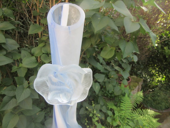 Image 1 of Swirled Frosted Blue Heavy Glass Bud Vase Art Nouveau inspired, vintagefron