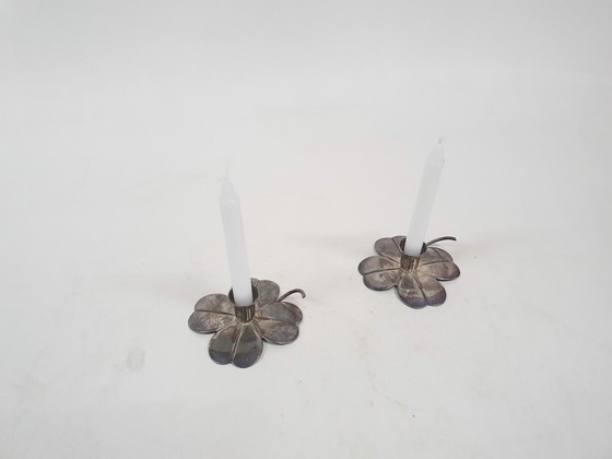 Image 1 of Set of two silver clover candleholders by Carl Frederik Christiansen, Denmark 1950's