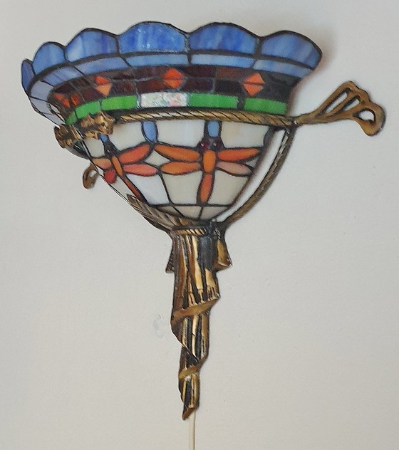 Image 1 of Unieke oude tiffany / glas in lood wandlamp met Dragonfly's
