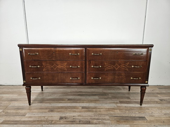 Vintage eiken ladekast met zes laden en glazen blad, 1960 – Ladekasten, Wood (photo 2 of 23)