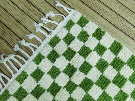Image 1 of Handwoven Moroccan wool rug, 300/70cm, olive green checkerboard pattern