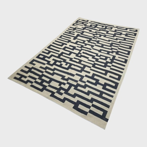 Handwoven Wool Tapestry | Victor Vasarely Style Op Art, Black White Geometric (118 × 81 in) – Rugs & carpets (photo 7 of 9)