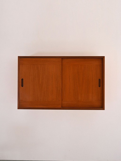 1960s Scandinavian Teak Wall Cabinet with Sliding Doors and Internal Hooks