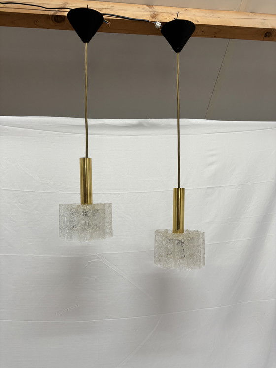 Image 1 of 2 suspensions vintage Doria Leuchten, tubes en verre glacé '60/'70