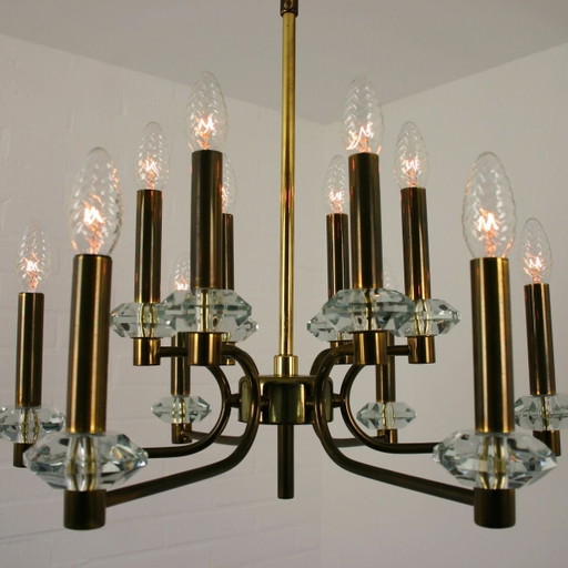 Gaetano Sciolari 12-Light Brass & Crystal Chandelier | Italy | 1960s