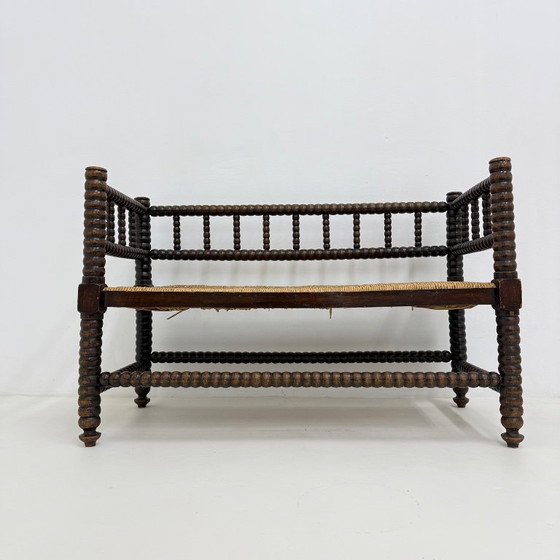 Wooden bench with bobbin legs and rush seat, Benches, Other, Brown, Vintage (photo 13 of 13)