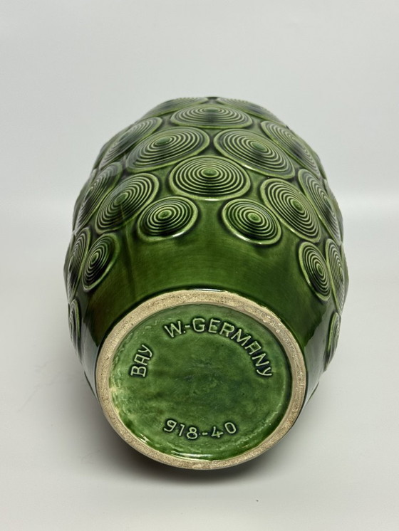 Image 1 of Large Mid-Century Ceramic Green Spiral Pattern Vase by Bay Keramik. West Germany, 1960s.
