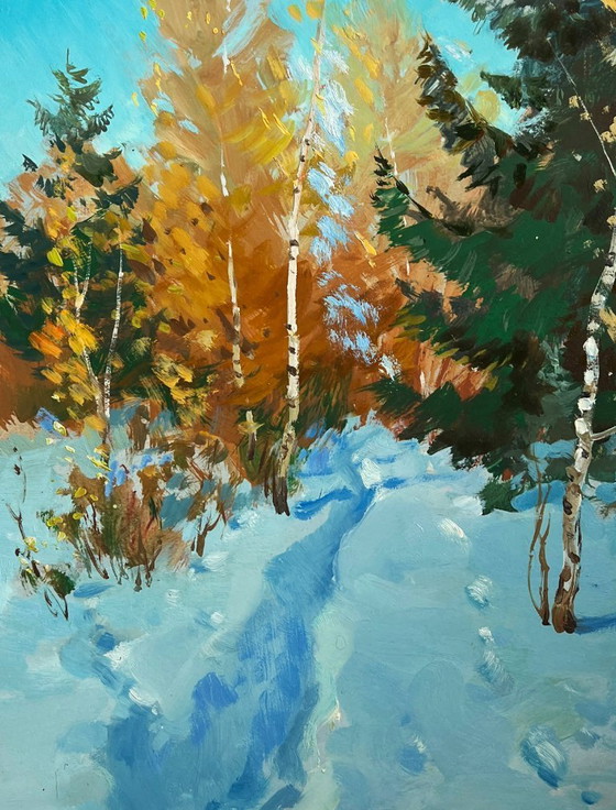 Image 1 of Original Oil Painting Snow Forest Landscape Winter path in the forest