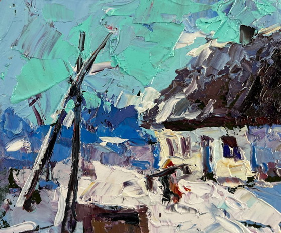 Image 1 of Original Oil Painting Winter Village Landscape The house sleeps in the snow