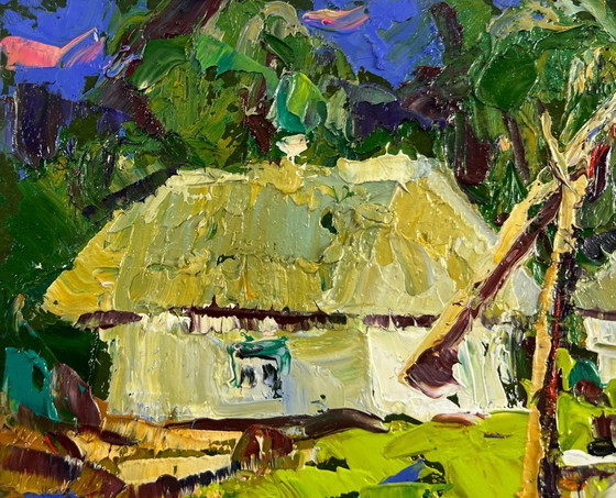Image 1 of Original Oil Painting Summer Village Landscape Conversation in the embrace of silence