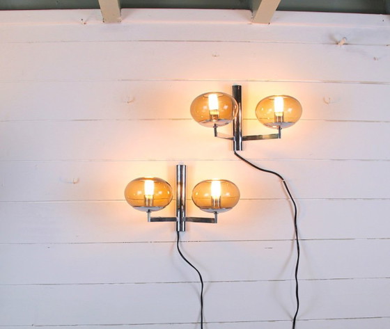 Image 1 of Sciolari Wandleuchten aus Rauchglas und Chrom – Italien, 1970er Jahre