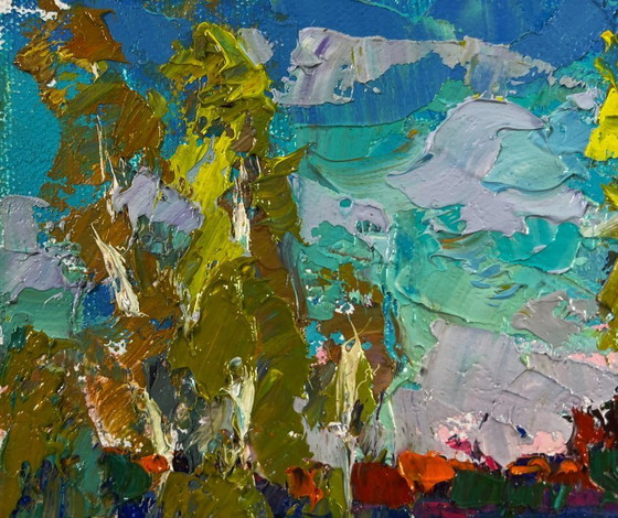 Image 1 of Original Oil Painting Summer River Landscape The first leaves reflected in the water