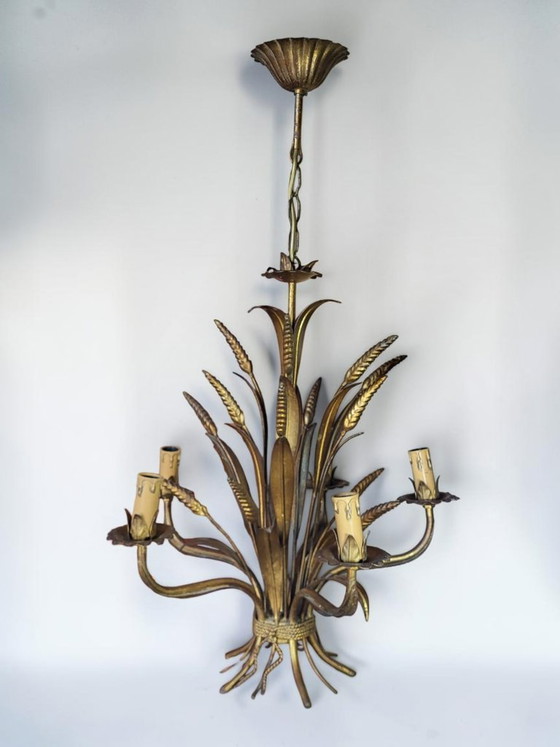 Image 1 of Lámpara de araña de metal dorado estilo Hollywood Regency, Hans Kögl, década de 1970.