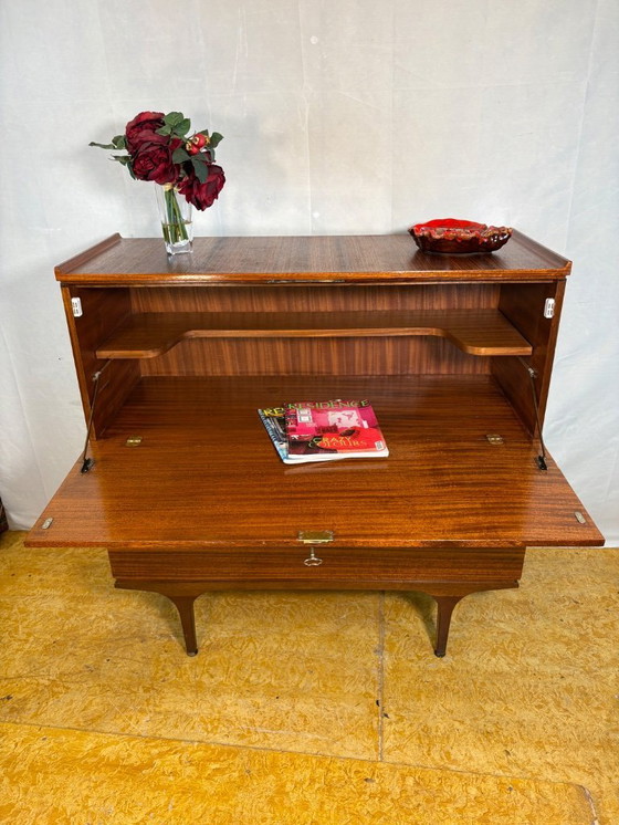 Image 1 of Mid-Century Retro Vintage Teak Bureau / Desk by Meredew 1960  Large Writing Surface • Danish Design Influence • Elegant Storage 