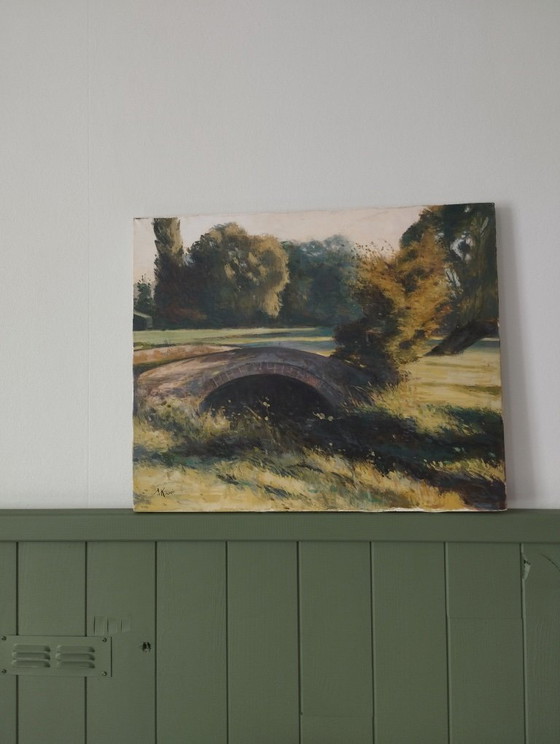 Oude bakstenen brug in Normandië - Gesigneerd olieverfschilderij – Schilderijen & Tekeningen, Canvas (photo 13 of 16)