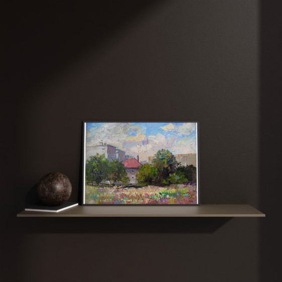 Peinture à l'huile originale Paysage urbain Maison d'été Paradis – Peintures et dessins, Canvas (photo 2 of 8)