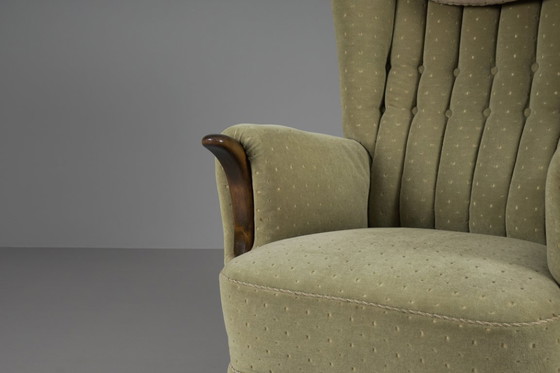 Image 1 of Large Green Italian Wood & Fabric Wingback Armchair, 1950s