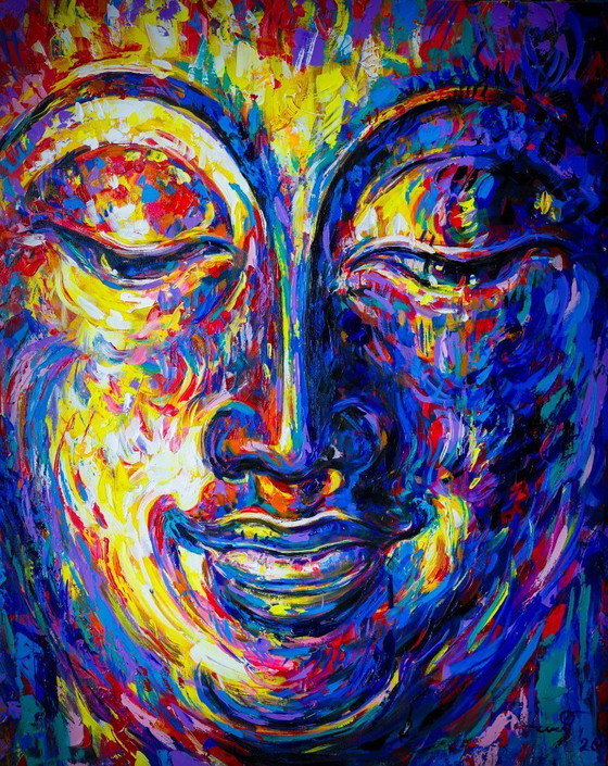 Image 1 of Unique hand-painted Buddha painting "Inner Joy" – Seksak Jaichumchen – 100 × 120 cm