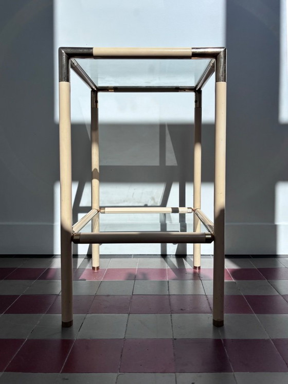Image 1 of Vintage 1970s Italian Hollywood Regency Side Table by Banci Firenze – Cream & Brass Two-Tier Glass End Table