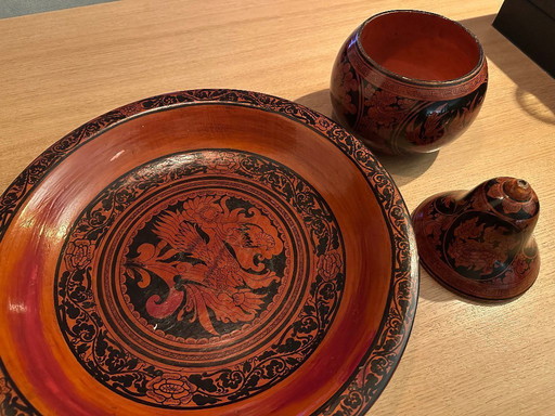 Burmese lacquerware bowl and pot