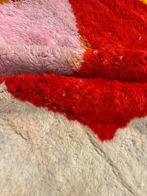 Image 1 of Red Pink Yellow Moroccan Rug | Abstract Beni Ourain Carpet | Handmade Berber Wool Decor | Plush Contemporary Area Rug