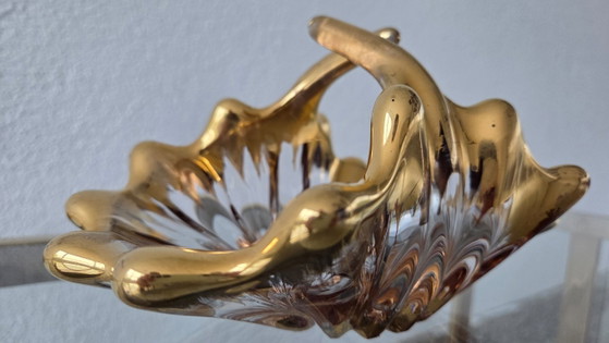 Image 1 of Bol de cristal de mediados de siglo con diseño de salpicaduras y detalles en pan de oro de 18 quilates – Bayel (década de 1950)