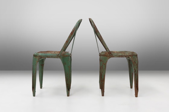 Image 1 of Set of 4 Vintage Green Model A Chairs from Tolix, France, 1950s