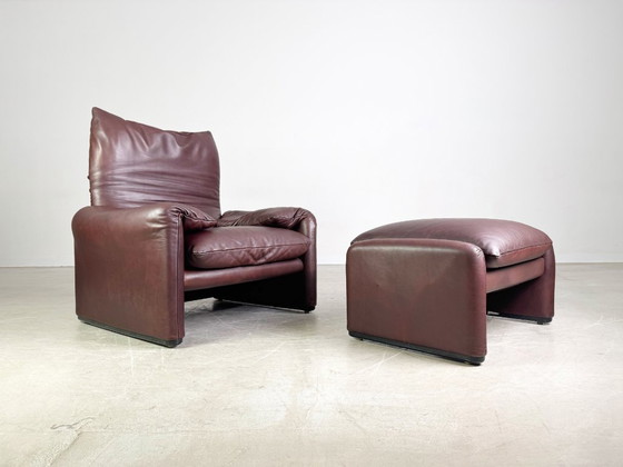 Image 1 of 2x Cassina Maralunga Sessel + Ottoman Vico Magistretti Leder braun