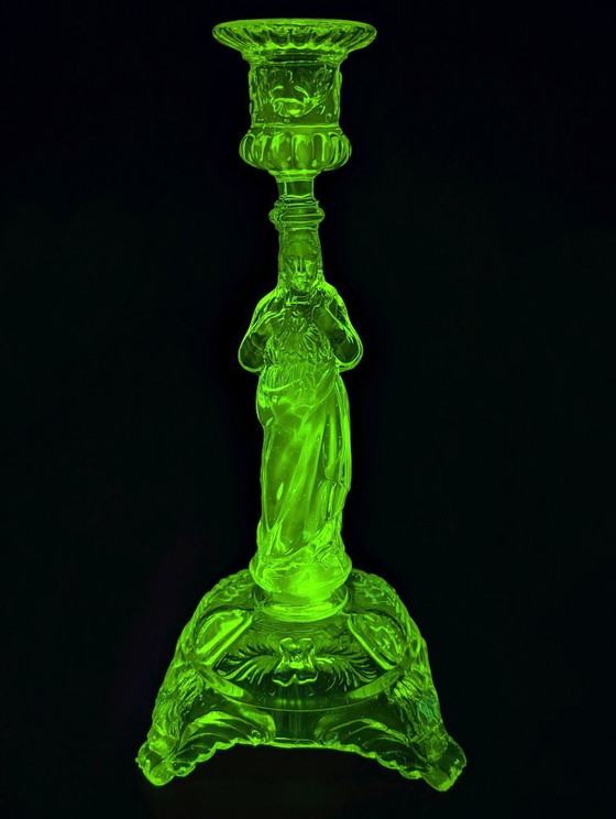 Image 1 of Antique "Sacred Heart" Crystal Candlestick (1900-1930) UV Reactive (Val Saint Lambert/Portieux)