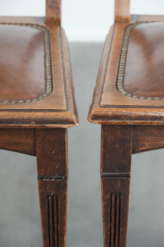 Image 1 of 4 x Antique Oak Dining Chairs in Art Nouveau Style with Cognac-Colored Cowhide Leather