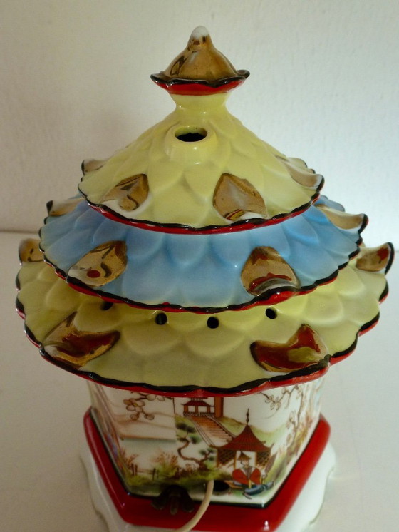 Image 1 of Vintage Perfume Lamp / Smoke Dispeller in the Shape of a Chinese Pagoda - Porcelain.