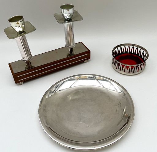 Mid-Century Tisch-Set – Kerzenleuchter, Servierschale & Flaschenhalter