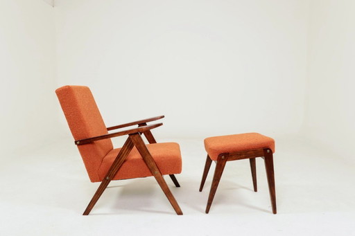 Vintage armchair and footrest set terracotta orange bouclé  