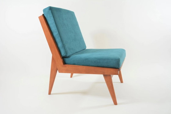 Image 1 of L-vormige fauteuil bekleed met blauw fluweel