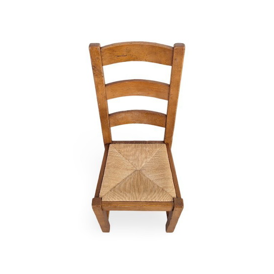 Image 1 of Ensemble de 4 chaises en chêne, style campagne française, années 1950, tressage en jonc