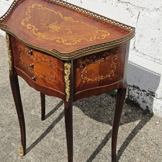 Image 1 of Chateau Ligny - French Antique Marquetry Nightstand - Fine Wood and Brass Console-Bedside Table-Style Louis XV- 1930s
