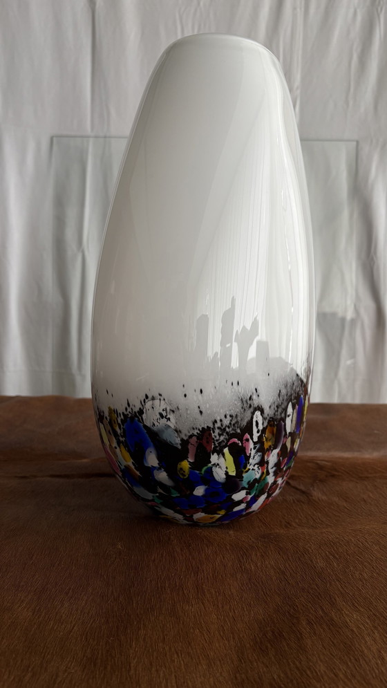 Image 1 of Murano style milk glass vase with colorful confetti decoration