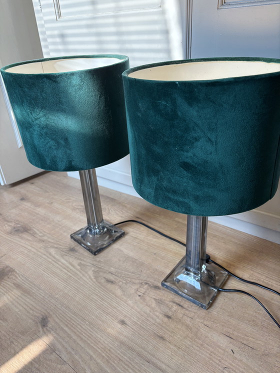 Image 1 of Set Of 2 Table Lamps With Smoked Glass Base And Green Velvet Shade