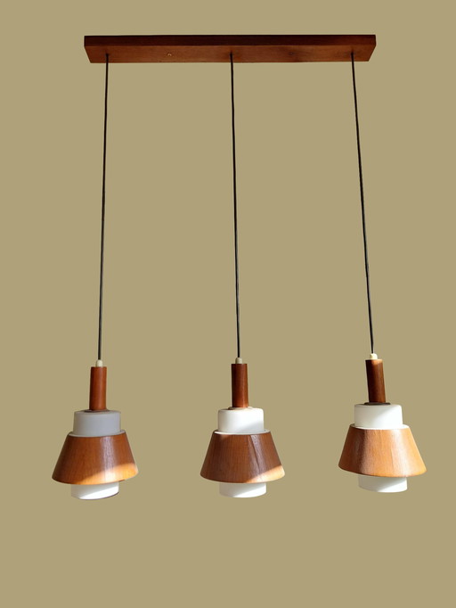 3X Vintage 'Japandi' Pendant Lamp Teak And Opaline