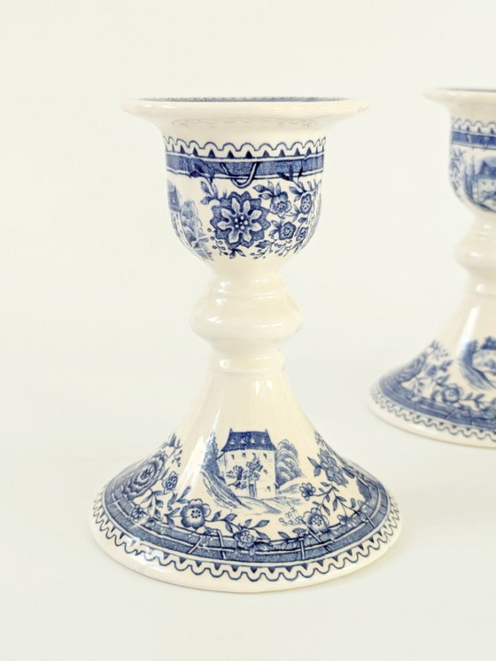 Image 1 of Set of 2 Antique Villeroy & Boch Burgenland Candleholders | Blue Saar Transferware (1913–1947)