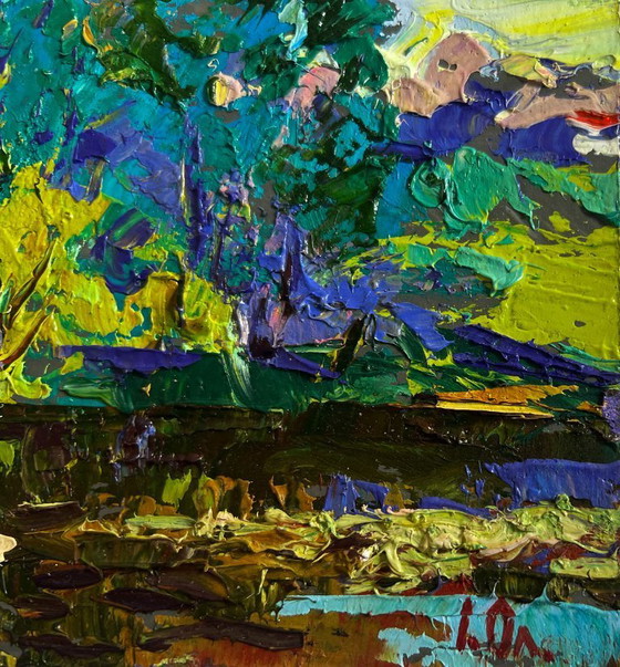 Image 1 of Original Oil Painting Village Bridge Landscape On the spring river