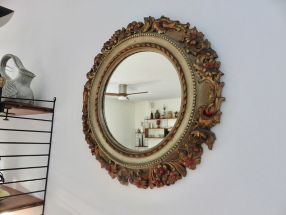 Grand Miroir Mural, Rond, Baroque, 1970, Motifs Floraux – Polyester (photo 2 of 17)