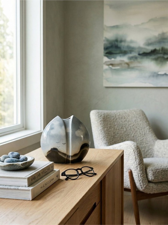 Image 1 of Virebent porcelain vase – stylized landscape decoration – organic design – Made in France – 18 cm