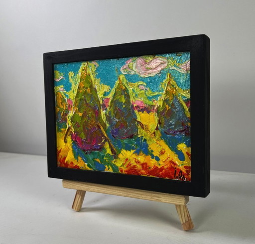 Original Oil Painting Colorful Nature Landscape Summer sunset sun in the field