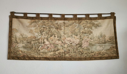 Frans wandtapijt in de stijl van Aubusson/Vlaanderen. Galante scène in een tuinlandschap, "Fêtes galantes", (photo 2 of 14)