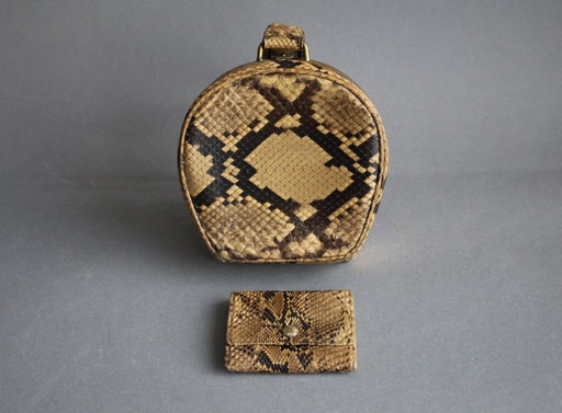 Bolso de mano vintage raro, bolso de teatro, cartera de muñeca con monedero, piel de serpiente