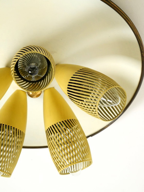 Image 1 of Very rare 5-arm mid-century modern metal bag ceiling lamp with round white reflector