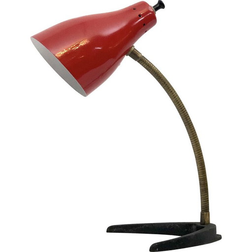 Lámpara flexible vintage de latón y laca roja, Italia, 1950